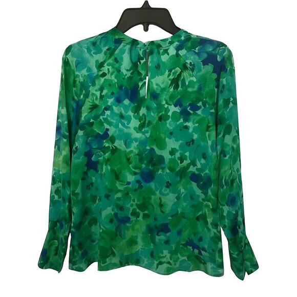 Zara Green Blue Floral Satin Ruffle V Neck Boho Peasant Blouse Silky Chic S - Picture 7 of 9